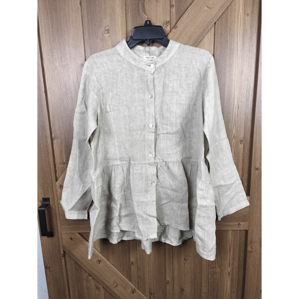Puro Lino Italy 100% Linen Peplum Button Front Top Women's Medium